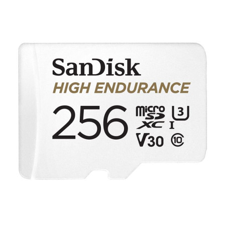 SanDisk High Endurance 256GB microSD 100MB/s 40MB/s 20K hrs 4K UHD C10 U3 V30 -40Â°C to 85Â°C Heat Freeze Shock Temperature Wate