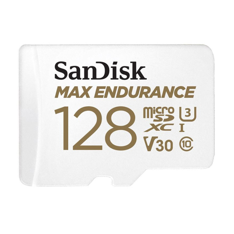 SanDisk Max Endurance 128GB microSD 100MB/s 40MB/s 20K hrs 4K UHD C10 U3 V30 -40Â°C to 85Â°C Heat Freeze Shock Temperature Water