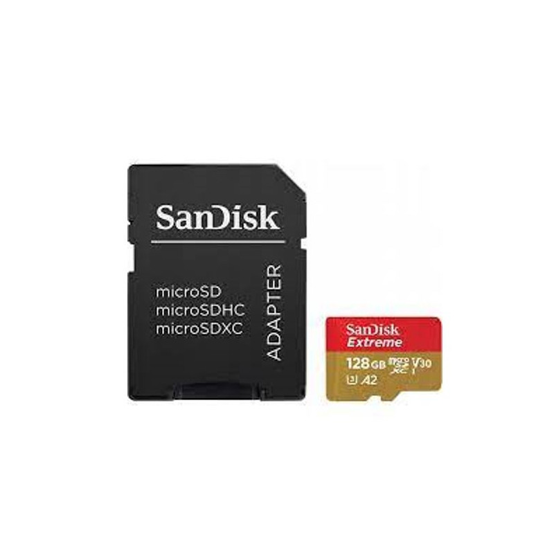 SanDisk Extreme microSDXC, SQXAA 128GB, V30, U3, C10, A2, UHS-I, 190MB/s R, 90MB/s W, 4x6, SD adaptor, Lifetime Limited, Action 