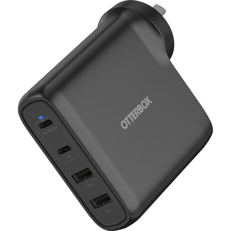 OtterBox 100W Four Port USB-C (Type I) PD Fast GaN Wall Charger - Black (78-81355), Dual USB-C (100W+18W), Dual USB-A (18W), 2 Y