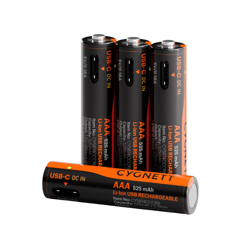 Cygnett AAA USB-C Rechargeable Li-ion Battery - 4 Pack - Black