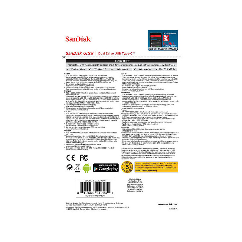 SANDISK ULTRA 32GB SDDDC2-032G Dual USB Drive Type-C 3.1