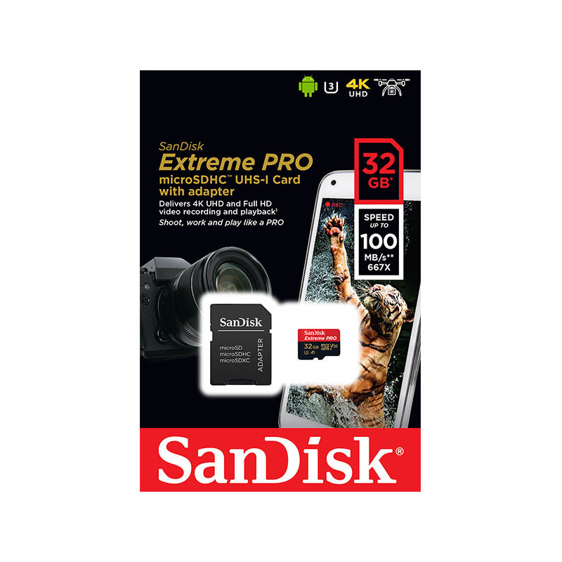 SANDISK SDSQXCG-032G-GN6MA 32GB MICRO SDHC EXTREME PRO 4K , A1 V30, UHS-I/ U3, 100MB/s