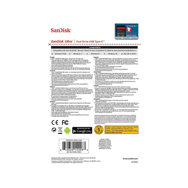 SanDisk 256GB Dual  USB 3.1 Type-C Flash Drive -SDDDC2-256G