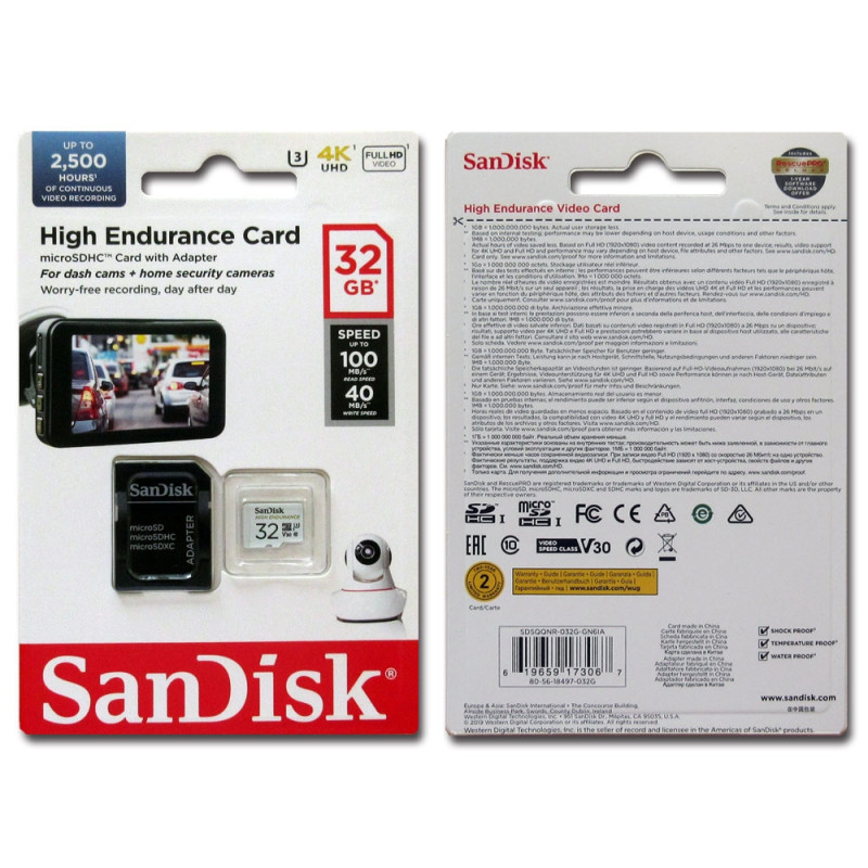 SANDISK HIGH ENDURANCE MICROSDHC CARD SQQNR 32G UHS-I C10 U3 V30 100MB/S R 40MB/S W SD ADAPTOR SDSQQNR-032G-GN6IA