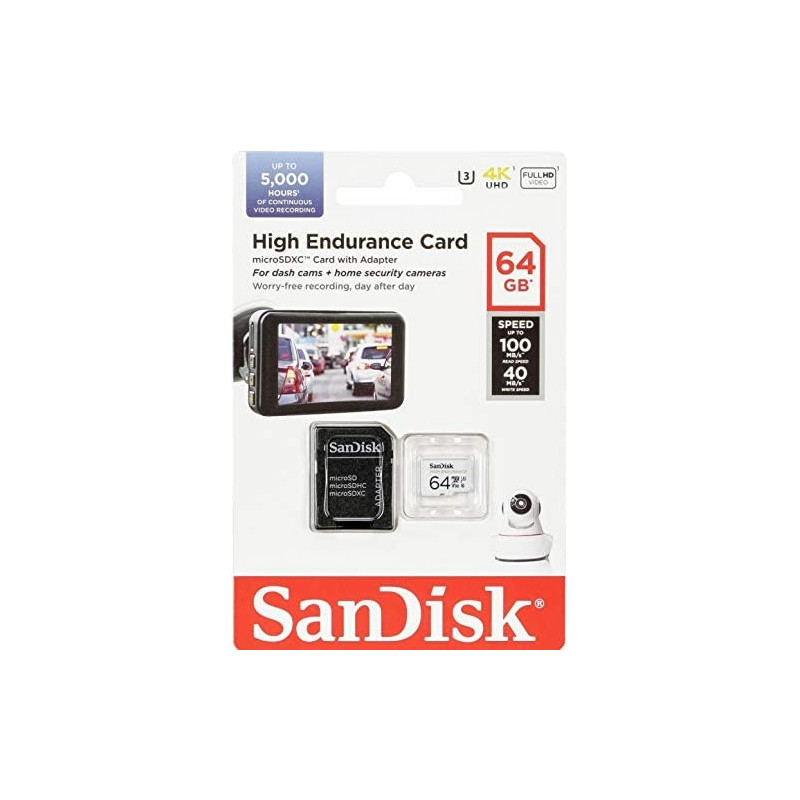 SANDISK HIGH ENDURANCE MICROSDHC CARD SQQNR 64G UHS-I C10 U3 V30 100MB/S R 40MB/S W SD ADAPTOR SDSQQNR-064G-GN6IA
