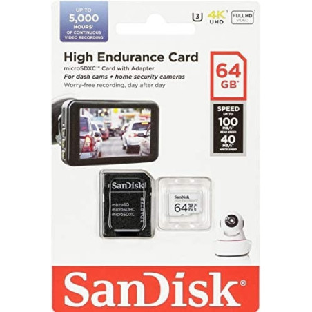 SANDISK HIGH ENDURANCE MICROSDHC CARD SQQNR 64G UHS-I C10 U3 V30 100MB/S R 40MB/S W SD ADAPTOR SDSQQNR-064G-GN6IA