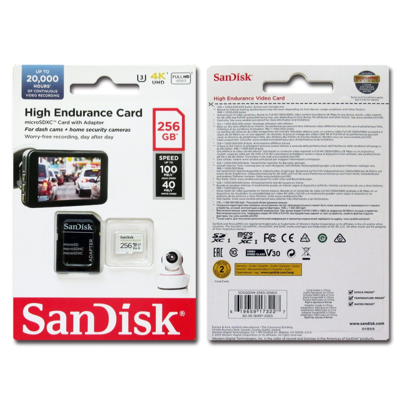 SANDISK HIGH ENDURANCE MICROSDHC CARD SQQNR 256G UHS-I C10 U3 V30 100MB/S R 40MB/S W SD ADAPTOR SDSQQNR-256G-GN6IA