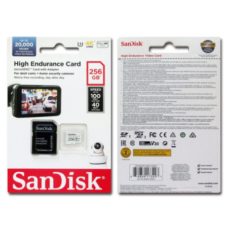 SANDISK HIGH ENDURANCE MICROSDHC CARD SQQNR 256G UHS-I C10 U3 V30 100MB/S R 40MB/S W SD ADAPTOR SDSQQNR-256G-GN6IA