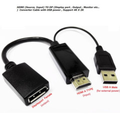 High Qualtiy HDMI (Source , input ) to DP (Display port, output, monitor etc ..) converter Cable with USB power Support 4K X 2K 