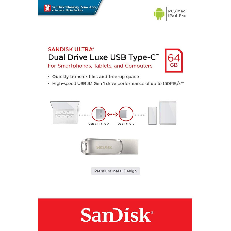 SANDISK 64G SDDDC4-064G-G46  Ultra Dual Drive Luxe USB3.1 Type-C (150MB) New