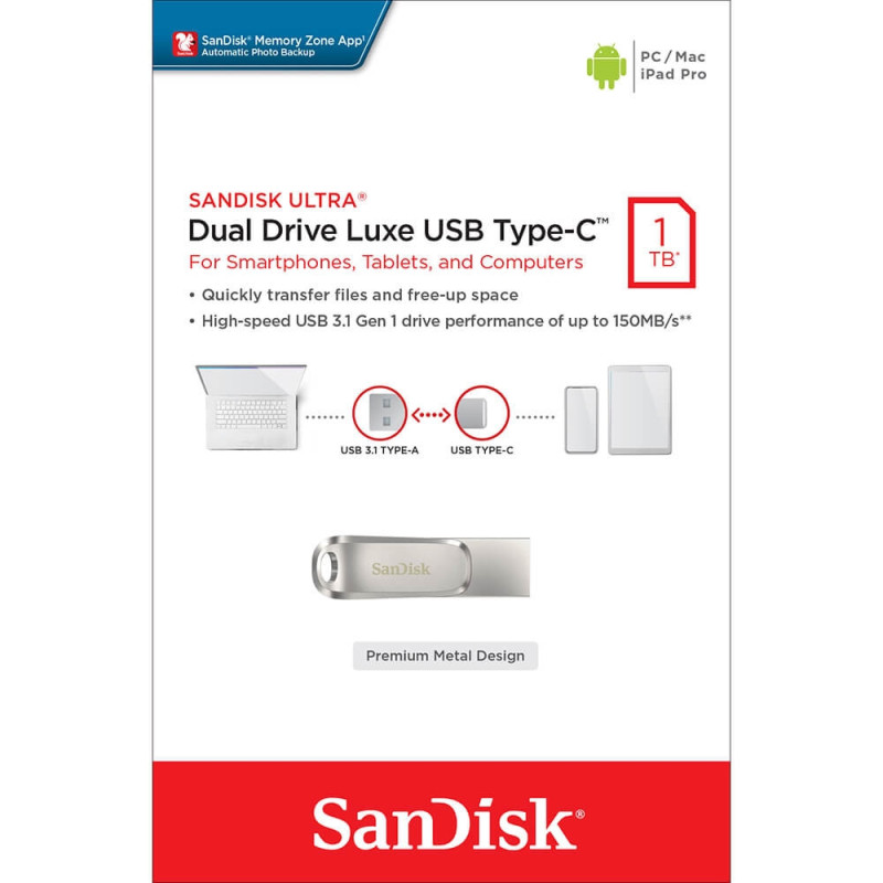 SANDISK 1TB SDDDC4-1T00-G46  Ultra Dual Drive Luxe USB3.1 Type-C (150MB) New