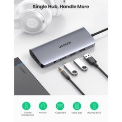 UGREEN USB-C To 3*USB 3.0 A+HDMI+VGA+RJ45 Gigabit+SD/TF+AUX3.5mm+PD Converter Gray with PD 80133