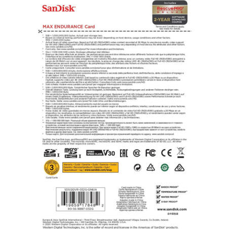 Sandisk Max Endurance Microsdhc Card SQQVR 32G (15 000 HRS) UHS-I C10 U3 V30 100MB/S R 40MB/S W SD Adaptor SDSQQVR-032G-GN6IA