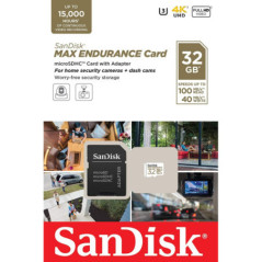 Sandisk Max Endurance Microsdhc Card SQQVR 32G (15 000 HRS) UHS-I C10 U3 V30 100MB/S R 40MB/S W SD Adaptor SDSQQVR-032G-GN6IA