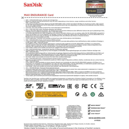 Sandisk Max Endurance Microsdxc Card SQQVR 128G (60 000 HRS) UHS-I C10 U3 V30 100MB/S R 40MB/S W SD Adaptor SDSQQVR-128G-GN6IA