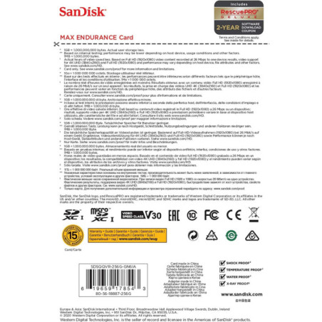 Sandisk Max Endurance Microsdxc Card SQQVR 256G (120 000 HRS) UHS-I C10 U3 V30 100MB/S R 40MB/S W SD Adaptor SDSQQVR-256G-GN6IA