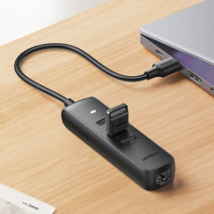 UGREEN 20984 USB 2.0 to 3xUSB2.0 with RJ45 (100Mbps) Ethernet Adapter (Black)