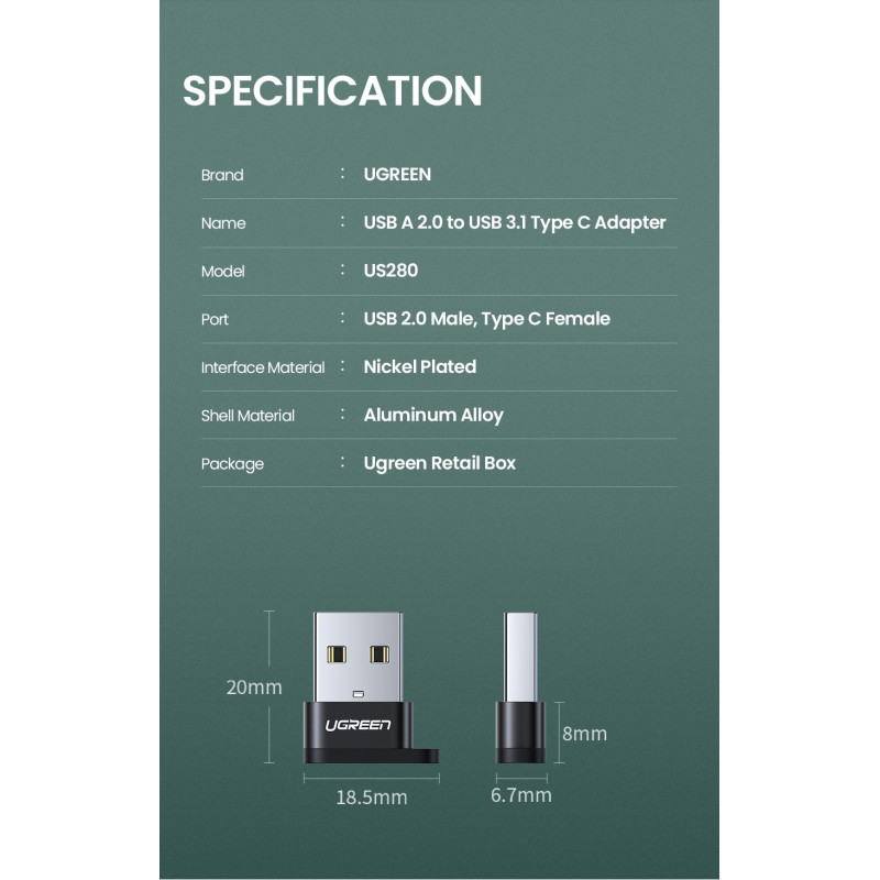 UGREEN 50568 USB-C 3.1 Female to USB-A 2.0 Male Adapter