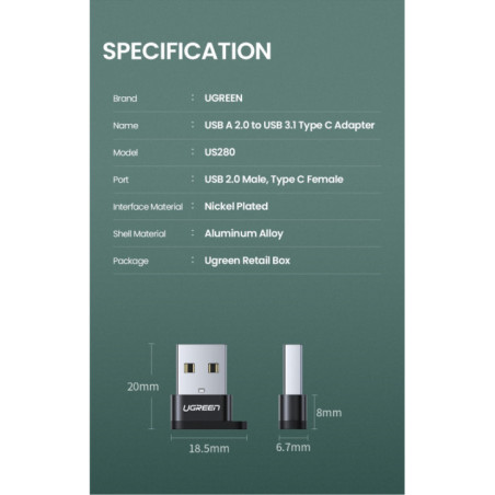 UGREEN 50568 USB-C 3.1 Female to USB-A 2.0 Male Adapter
