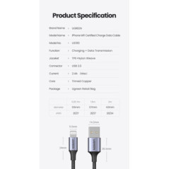 UGREEN 60163 USB-A to Lightning Charging Cable 2M Silver