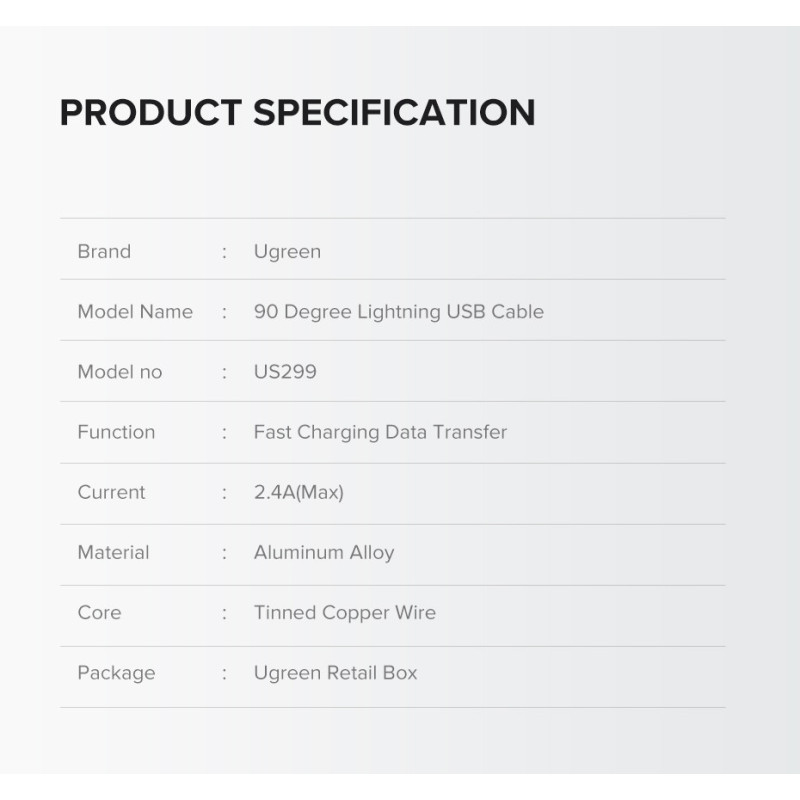 UGREEN 60521 USB-A to 8-pin Lightning 90 Degree Angel Cable 1M