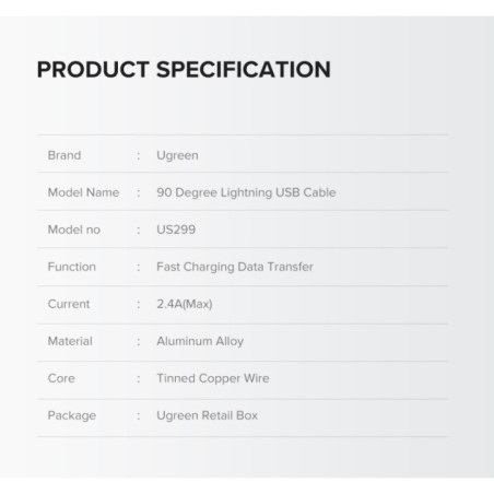 UGREEN 60521 USB-A to 8-pin Lightning 90 Degree Angel Cable 1M