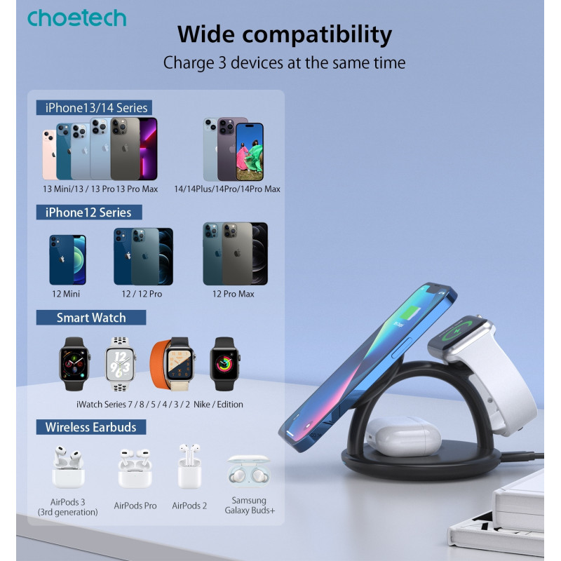 CHOETECH T587-F 3-in-1 Magnetic Wireless Charger Station for iPhone 12/13/14/AirPods Pro/iWatch