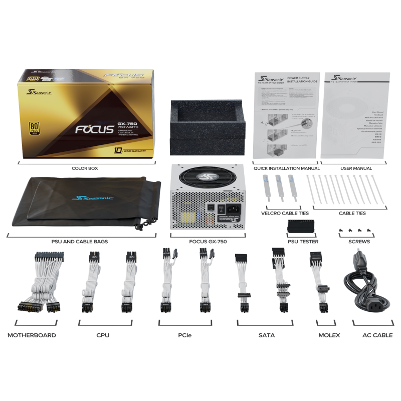 Seasonic FOCUS GX-750 White 750W ATX 3.0 Gold Modular PSU