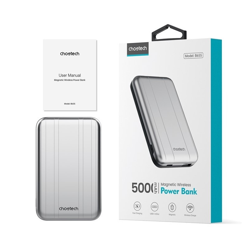 CHOETECH B655-SL 5000mAh Magnetic Wireless Power Bank 10W (Silver)