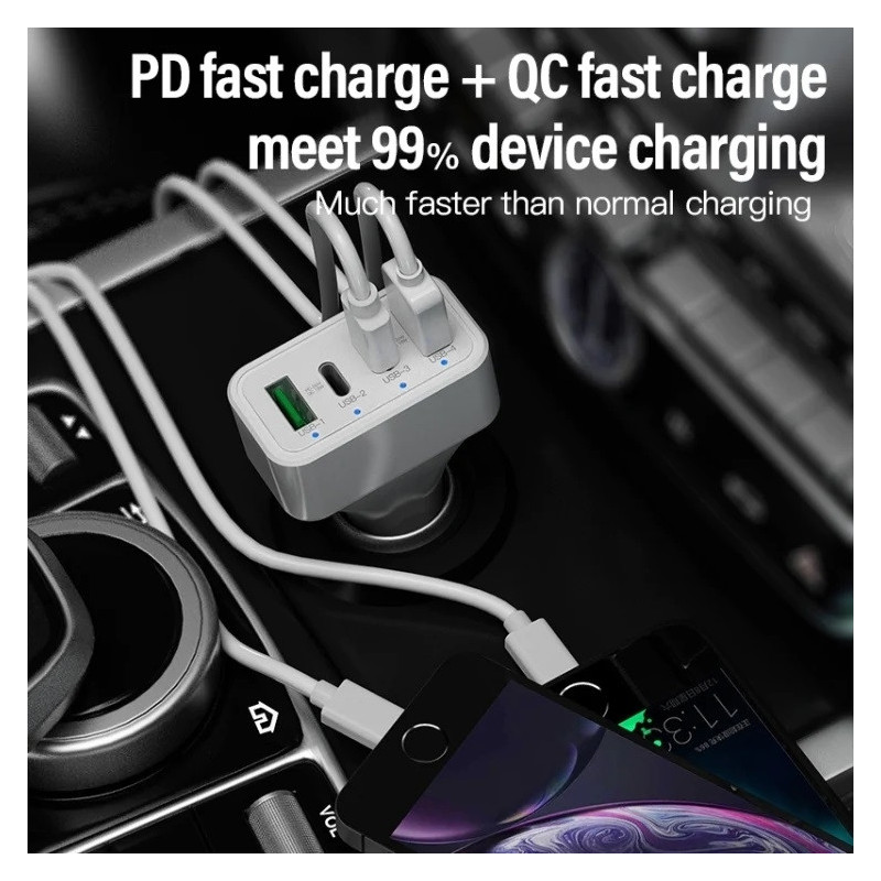 4-Port Car Charger (2 Ports PD + 2 Ports QC3.0 ) White