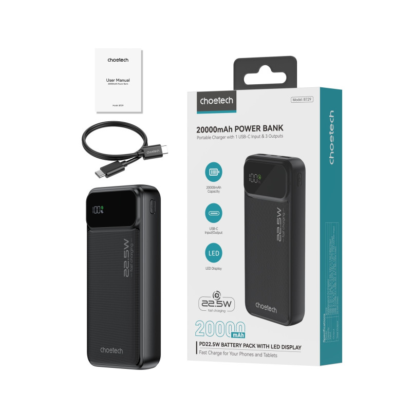 CHOETECH B729 20000mAh Power Bank PD22.5W with Digital Display