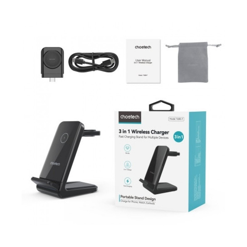 CHOETECH T608-F-BK 15W 4-in-1 Wireless Charger Stand for iWatch and Samsung Watch (Black)