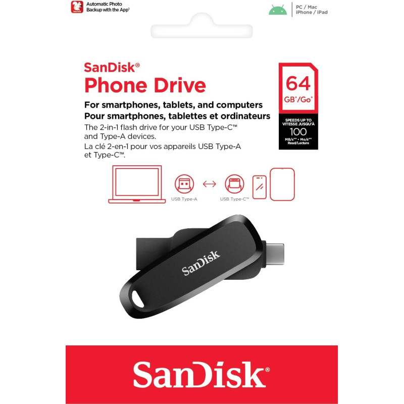 SanDisk 64GB Phone Dual Drive USB3.2 Type C+A Black (SDDDC6-064G-G46)