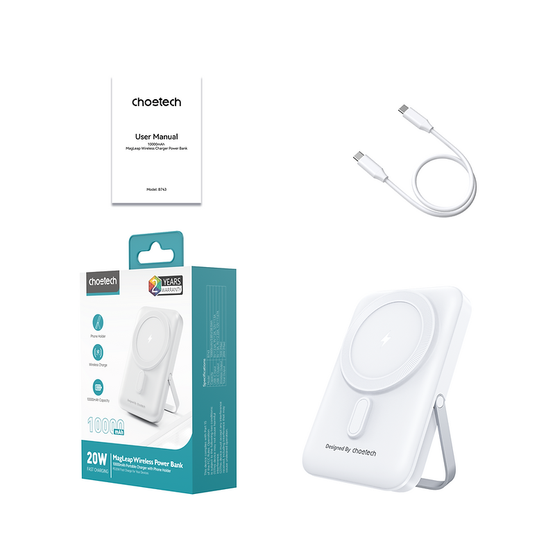 CHOETECH B743-WH 10000mAh PD20W Magnetic Power Bank with Holder White