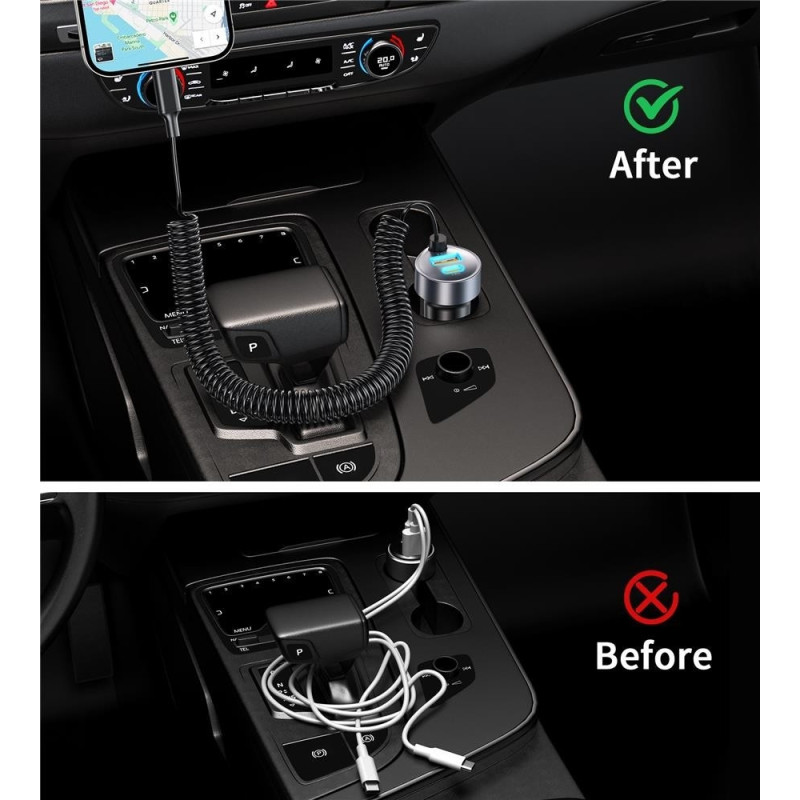 CHOETECH TC0030 65W 3-Port Fast Car Charger with 3.3ft Type-C Stretchable Cable