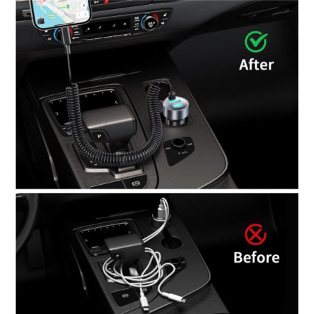 CHOETECH TC0030 65W 3-Port Fast Car Charger with 3.3ft Type-C Stretchable Cable