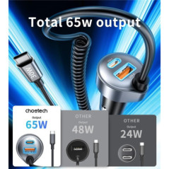 CHOETECH TC0030 65W 3-Port Fast Car Charger with 3.3ft Type-C Stretchable Cable