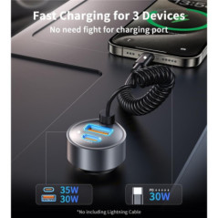 CHOETECH TC0030 65W 3-Port Fast Car Charger with 3.3ft Type-C Stretchable Cable