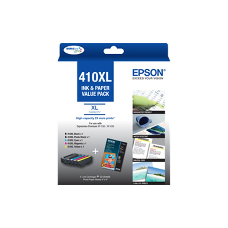 EPSON 410XL MEGA PACK 5 INK CMYK PBK  20 SHT 4X6 PAPER FOR XP-530 630 540 640