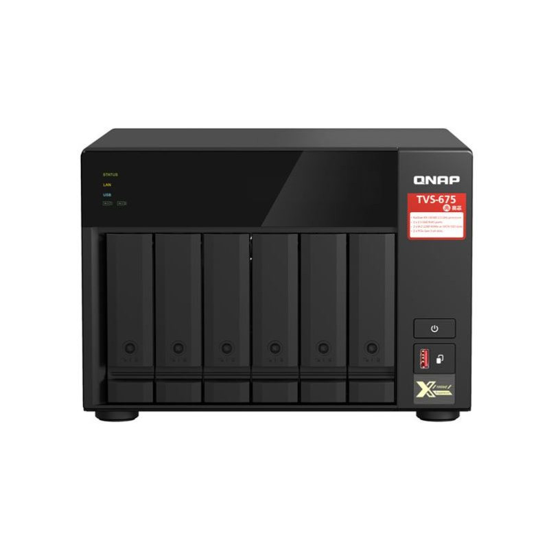 QNAP TVS-675-8G 6-bay NAS, Zhaoxin KX-U6580 8C/8T 2.5GHz, 8GB DDR4 RAM (2 x SODIMM slots, max. 64GB), 6x SATA 6Gb/s bays, 2 Year