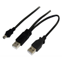 USB 2.0 Y Splitter Cable - Type A M to Mini B 5 pins 1m + USB Type A M