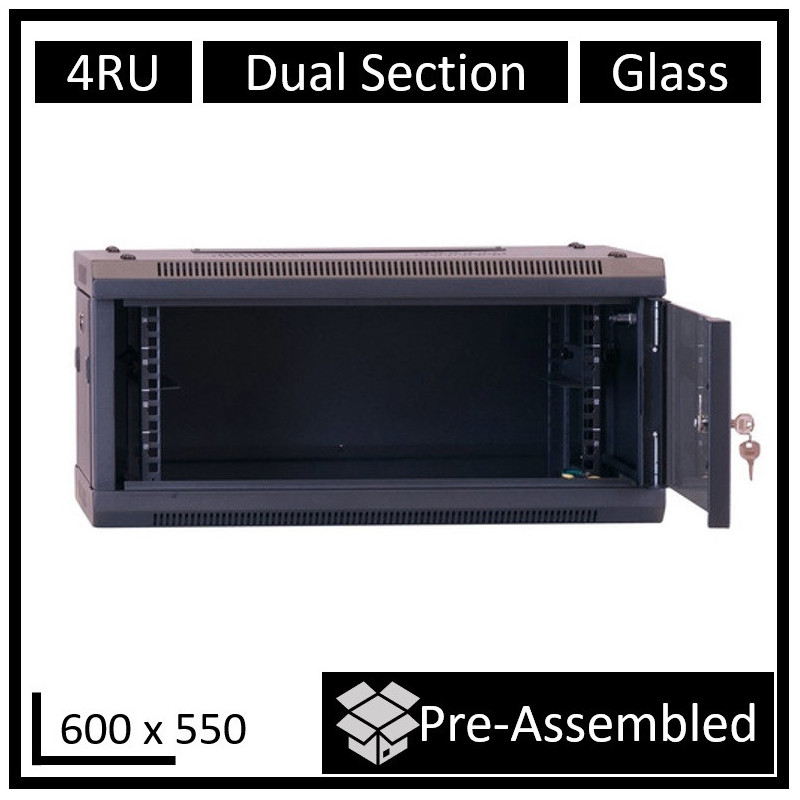 LDR Assembled 4U Hinged Wall Mount Cabinet (600mm x 550mm) Glass Door - Black Metal Construction - Top Fan Vents - Side Access P