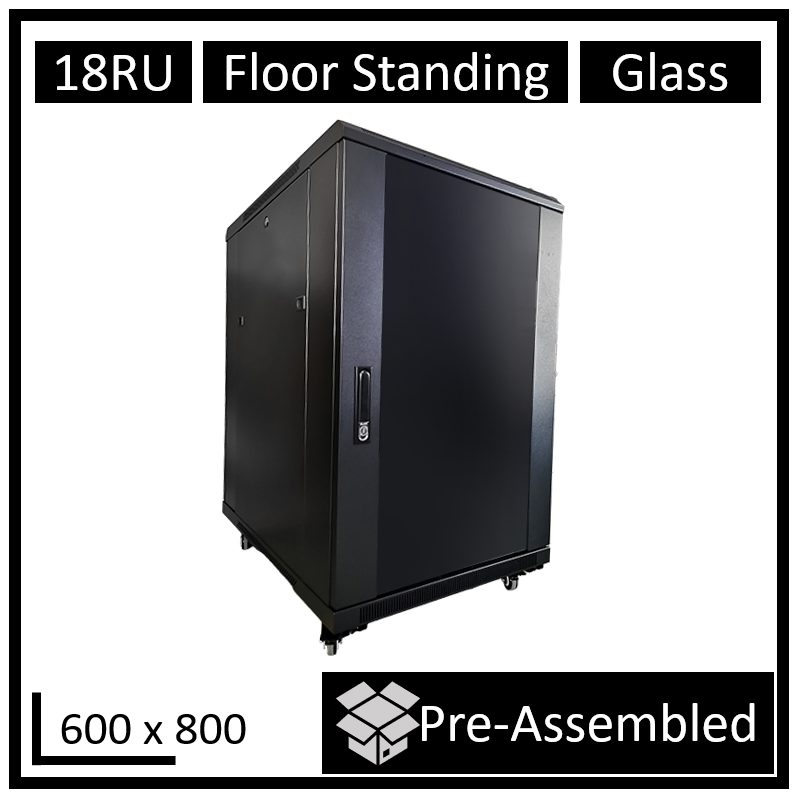 LDR Assembled 18U Server Rack Cabinet (600mm x 800mm) Glass Door, 1x 8-Port PDU, 1x 4-Way Fan, 2x Fixed Shelves - Black Metal Co