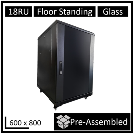 LDR Assembled 18U Server Rack Cabinet (600mm x 800mm) Glass Door, 1x 8-Port PDU, 1x 4-Way Fan, 2x Fixed Shelves - Black Metal Co