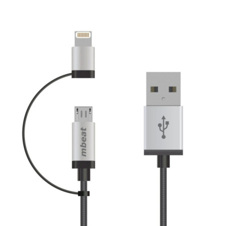 (LS) mbeatÂ® 1m Lightning and Micro USB Data Cable - 2-in-1/Aluminmum Shell Crush-Proof/Nylon Braided/Silver/ Apple/Andriod Tabl