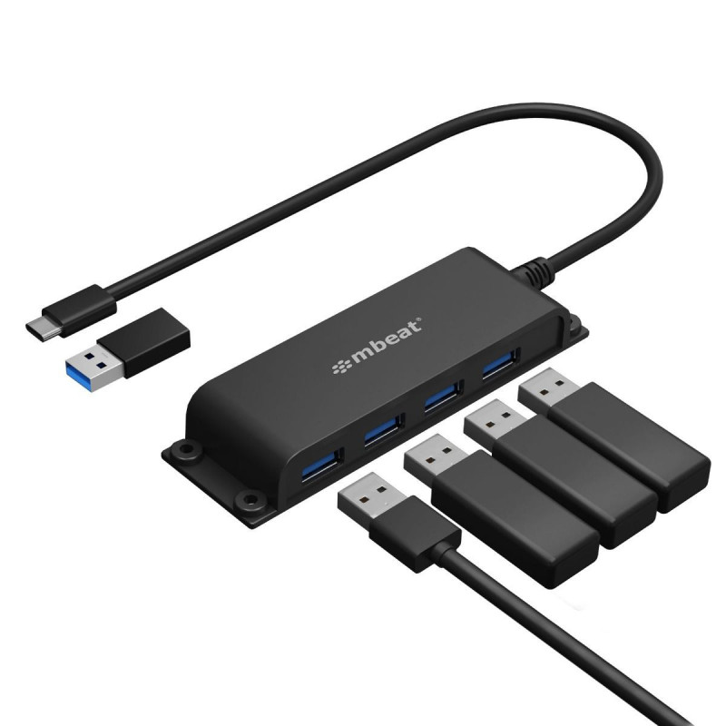 mbeatÂ® Mountable 4-Port USB-A & USB-C Adapter Hub - 60cm Data Cable, USB 3.0, 2.0 High-Speed Data Port Expansion, Save Space Mo
