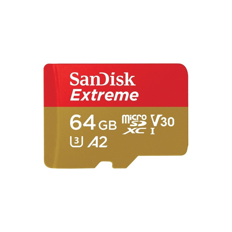 SanDisk Extreme microSDXC, SQXAH 64GB, V30, U3, C10, A2, UHS-I, 170MB/s R, 80MB/s W, 4x6, SD adaptor, Lifetime Limited, Action C