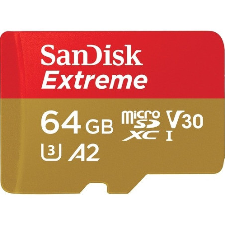 SanDisk Extreme microSDXC, SQXAH 64GB, V30, U3, C10, A2, UHS-I, 170MB/s R, 80MB/s W, 4x6, SD adaptor, Lifetime Limited, Action C