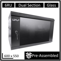 LDR Assembled 6U Hinged Wall Mount Cabinet (600mm x 550mm) Glass Door - Black Metal Construction - Top Fan Vents - Side Access P